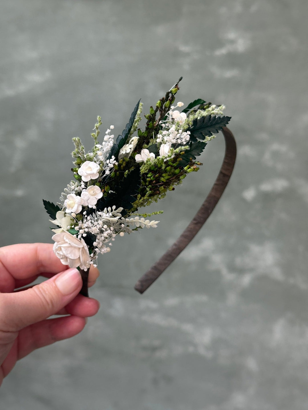 Side Floral Headband with Paper Rose, White Florals and Preserved Greenery – handmade floral hair accessory by magaela