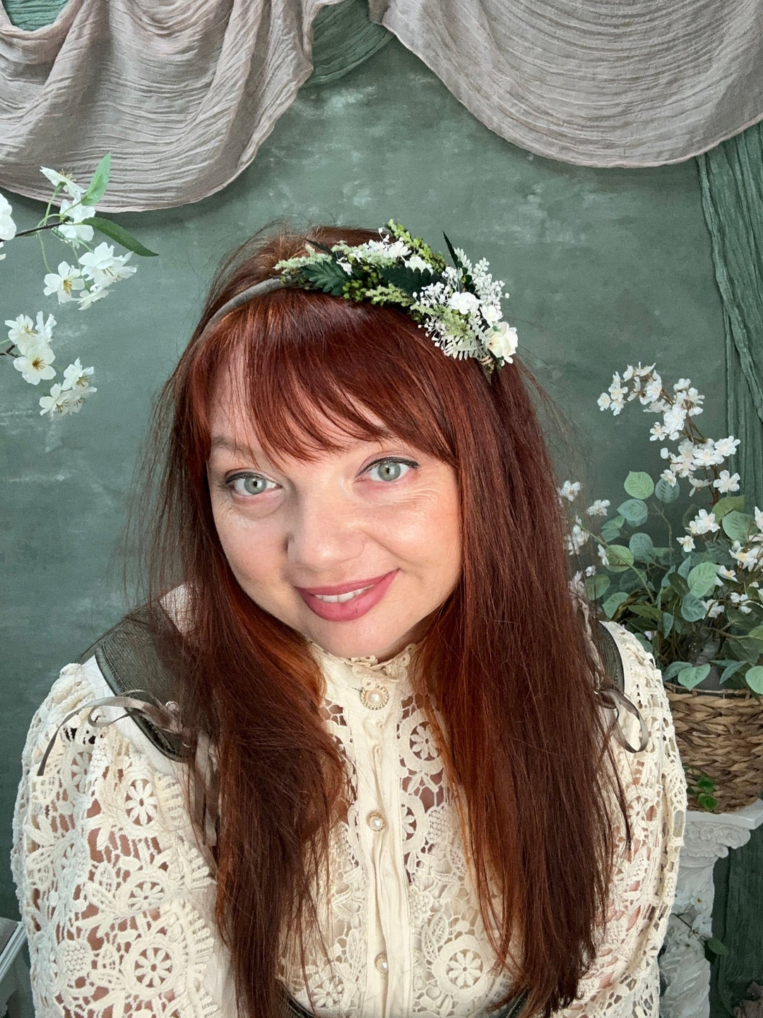 Side Floral Headband with Paper Rose, White Florals and Preserved Greenery – handmade floral hair accessory by magaela