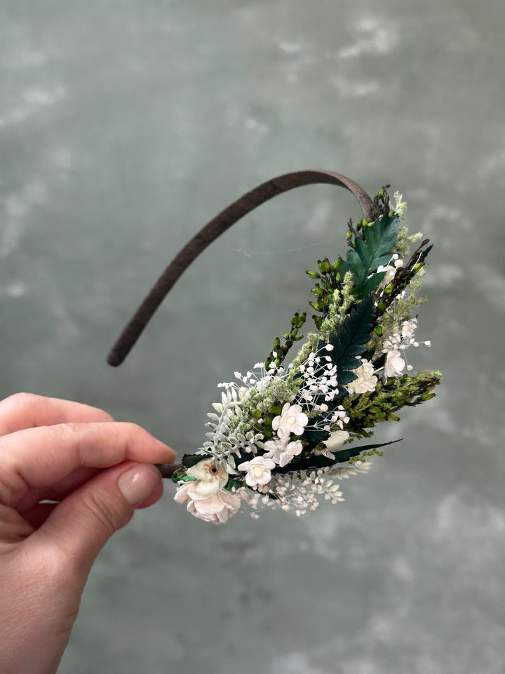 Side Floral Headband with Paper Rose, White Florals and Preserved Greenery – handmade floral hair accessory by magaela