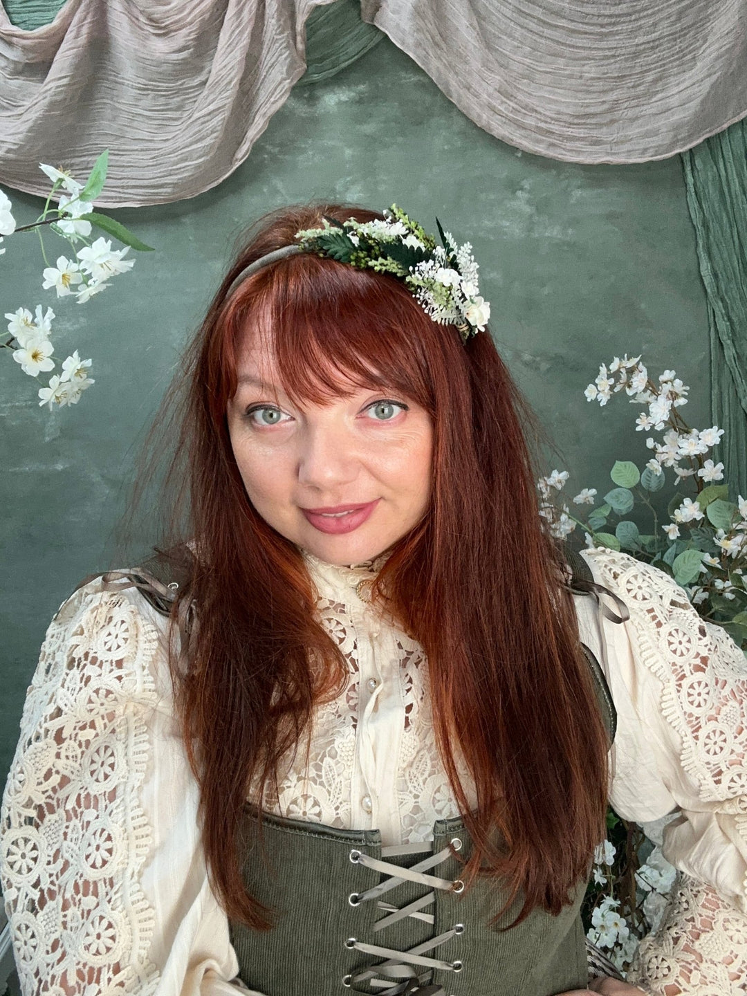 Side Floral Headband with Paper Rose, White Florals and Preserved Greenery – handmade floral hair accessory by magaela