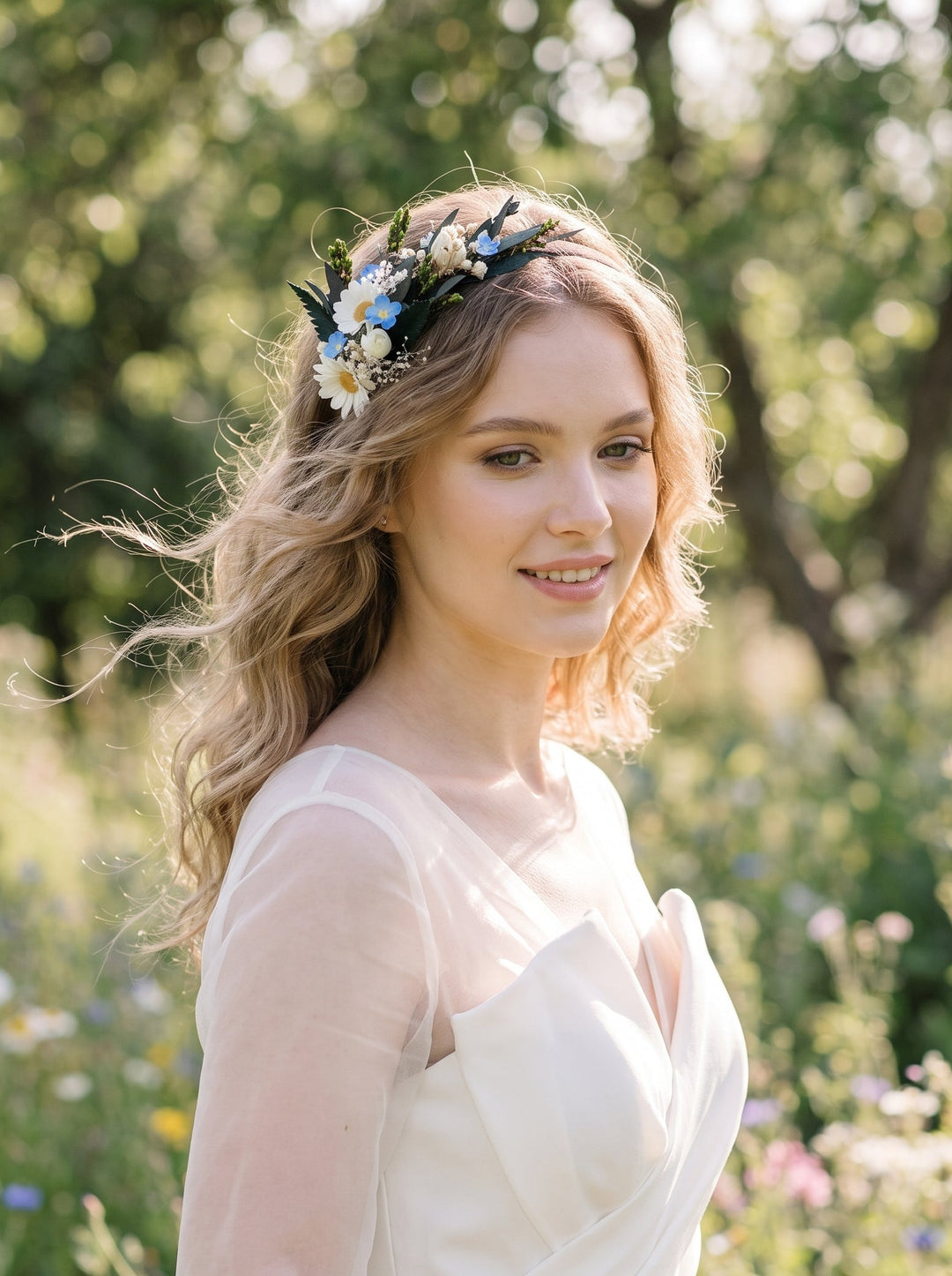 Side Floral Headband with Daisies, Forget-Me-Nots and Gypsophila – handmade floral hair accessory by magaela