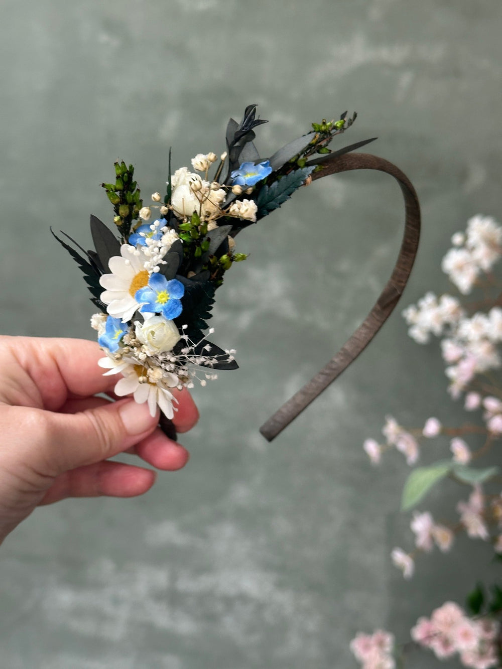 Side Floral Headband with Daisies, Forget-Me-Nots and Gypsophila – handmade floral hair accessory by magaela