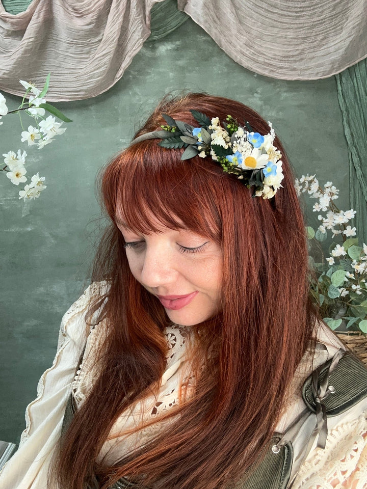 Side Floral Headband with Daisies, Forget-Me-Nots and Gypsophila – handmade floral hair accessory by magaela
