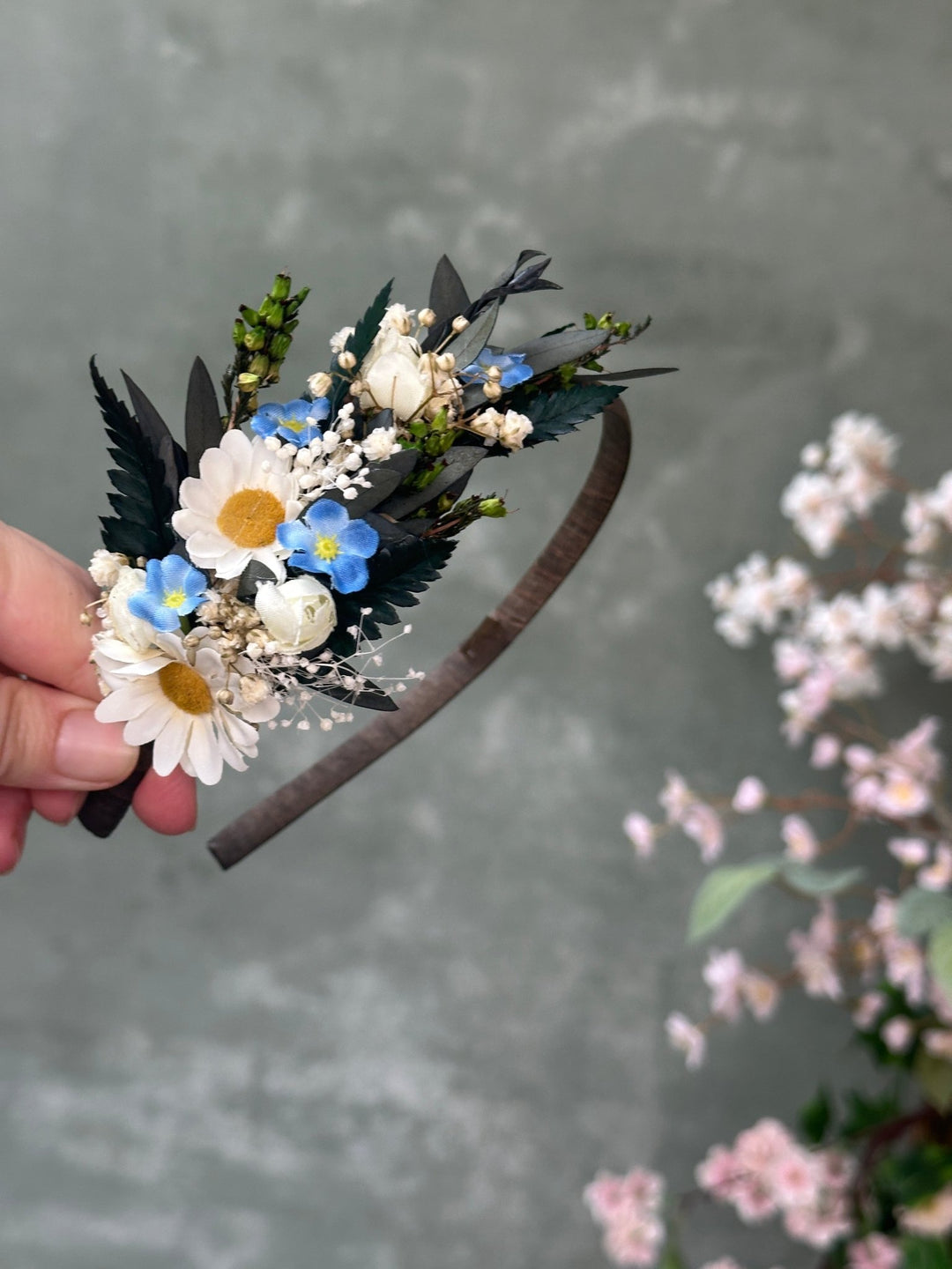 Side Floral Headband with Daisies, Forget-Me-Nots and Gypsophila – handmade floral hair accessory by magaela