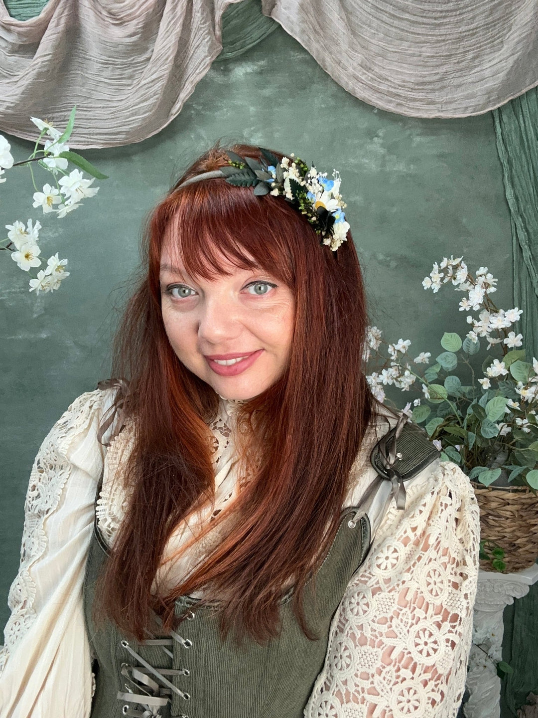 Side Floral Headband with Daisies, Forget-Me-Nots and Gypsophila – handmade floral hair accessory by magaela