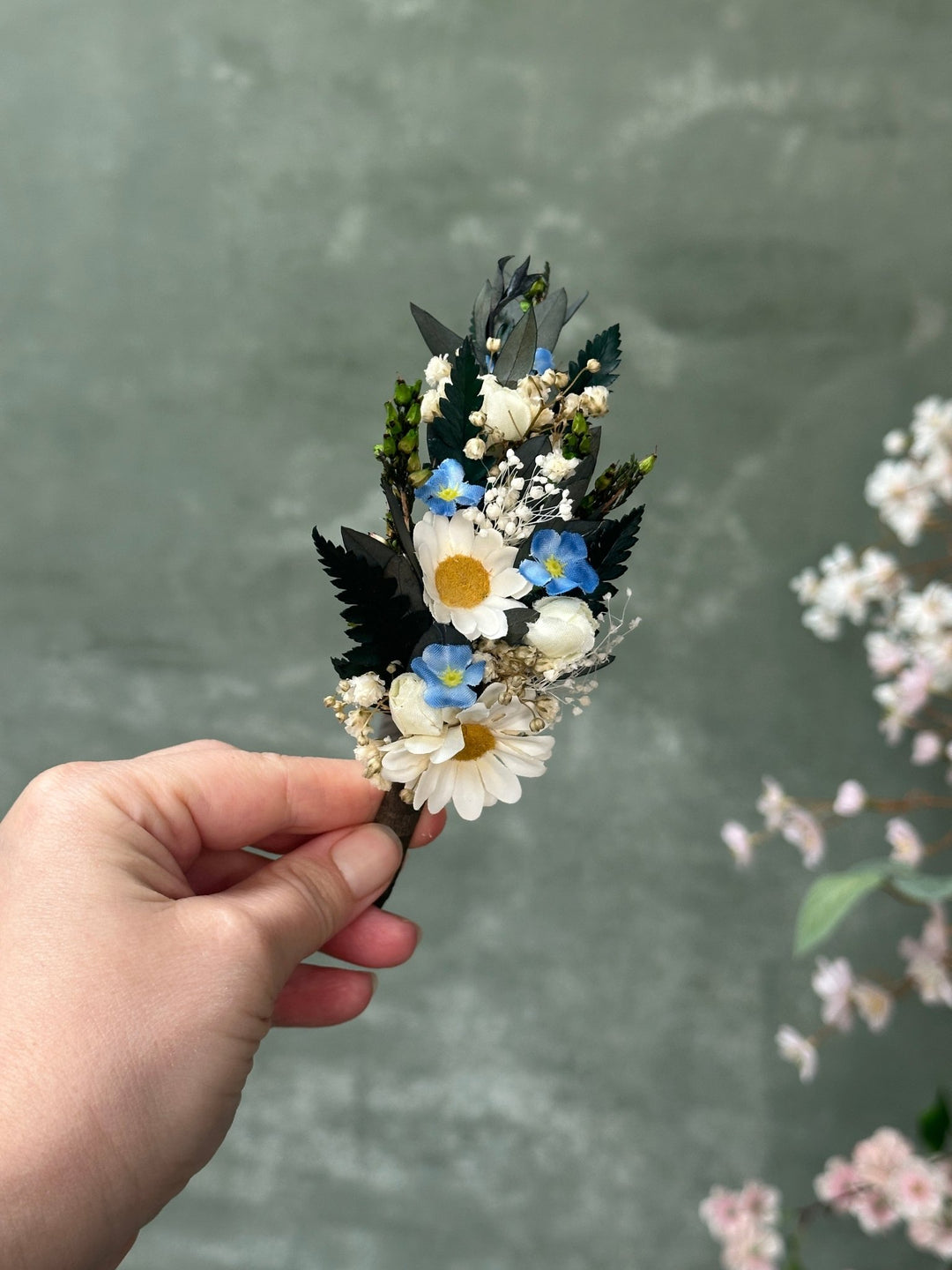 Side Floral Headband with Daisies, Forget-Me-Nots and Gypsophila – handmade floral hair accessory by magaela