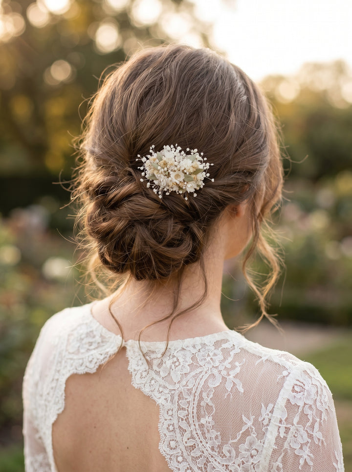 Woman with styled hair featuring a floral small natural hair comb, wearing a lace top outdoors.