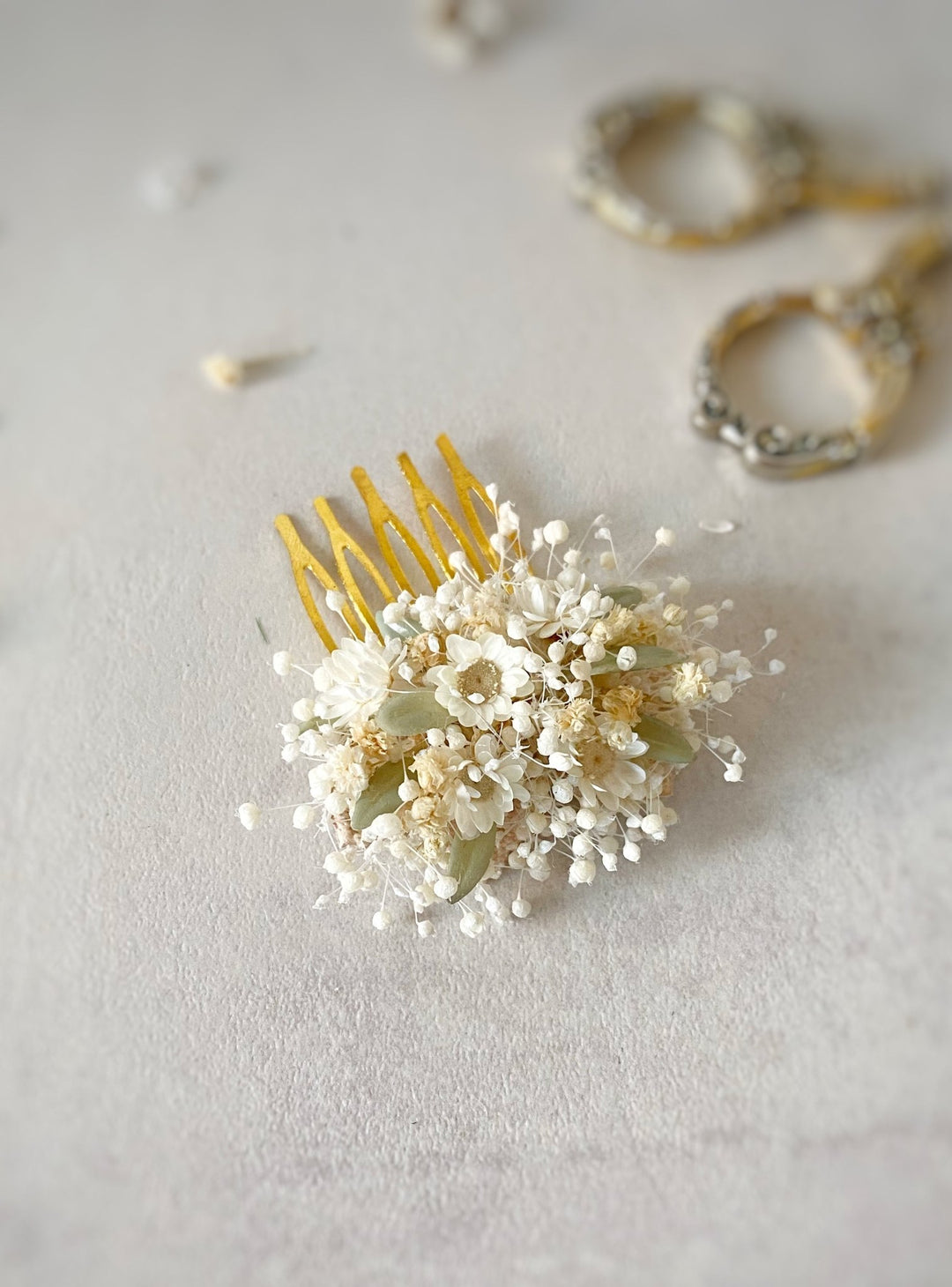 Floral Bridal Hair Comb – Ivory Gypsophila and Ixodia Wedding Hair Comb (mini size) – handmade floral hair accessory by magaela