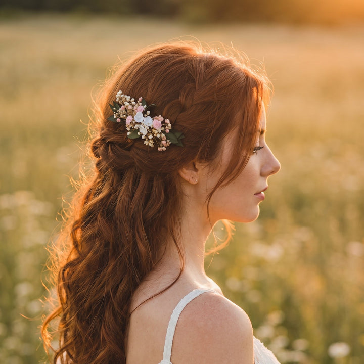 Bridal Flower Hair Comb: Baby's Breath, Pink & Beige Headpiece – handmade floral hair accessory by magaela