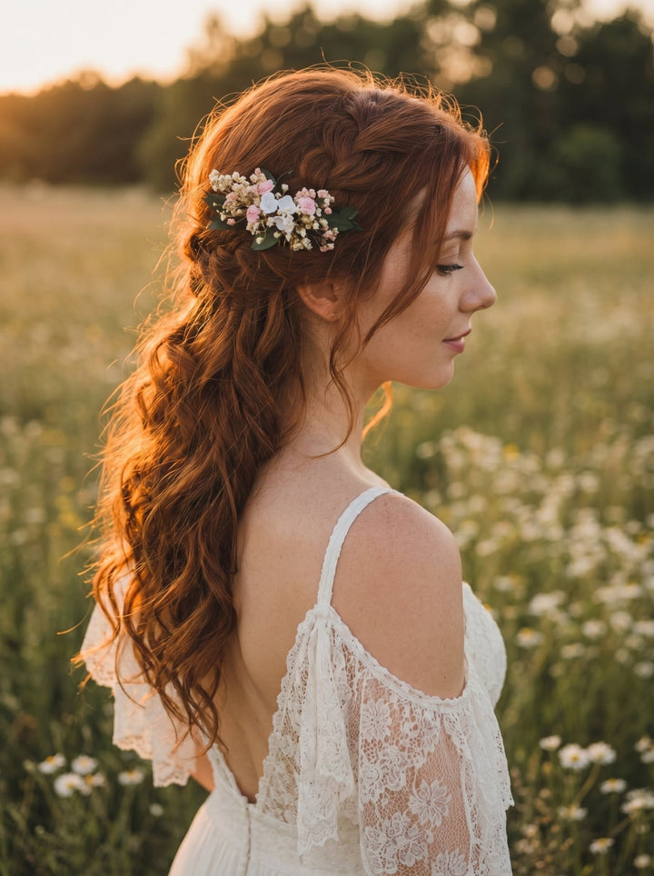 Bridal Flower Hair Comb: Baby's Breath, Pink & Beige Headpiece – handmade floral hair accessory by magaela