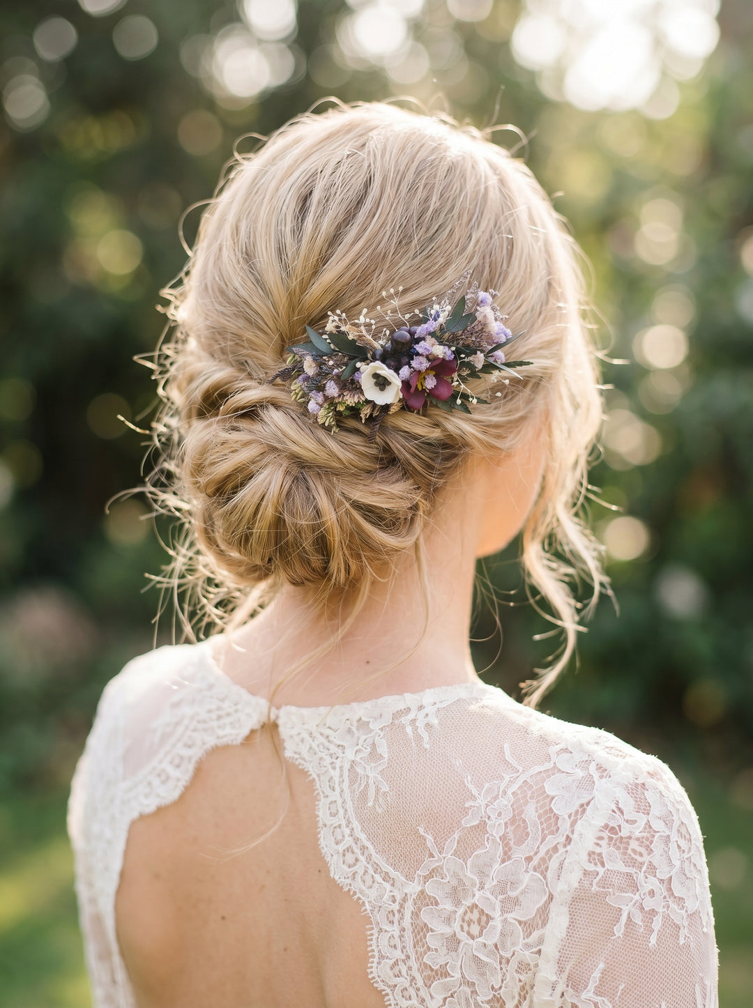 Blonde woman with styled hair featuring flower burgundy woodland hair comb, wearing a lace top outdoors.