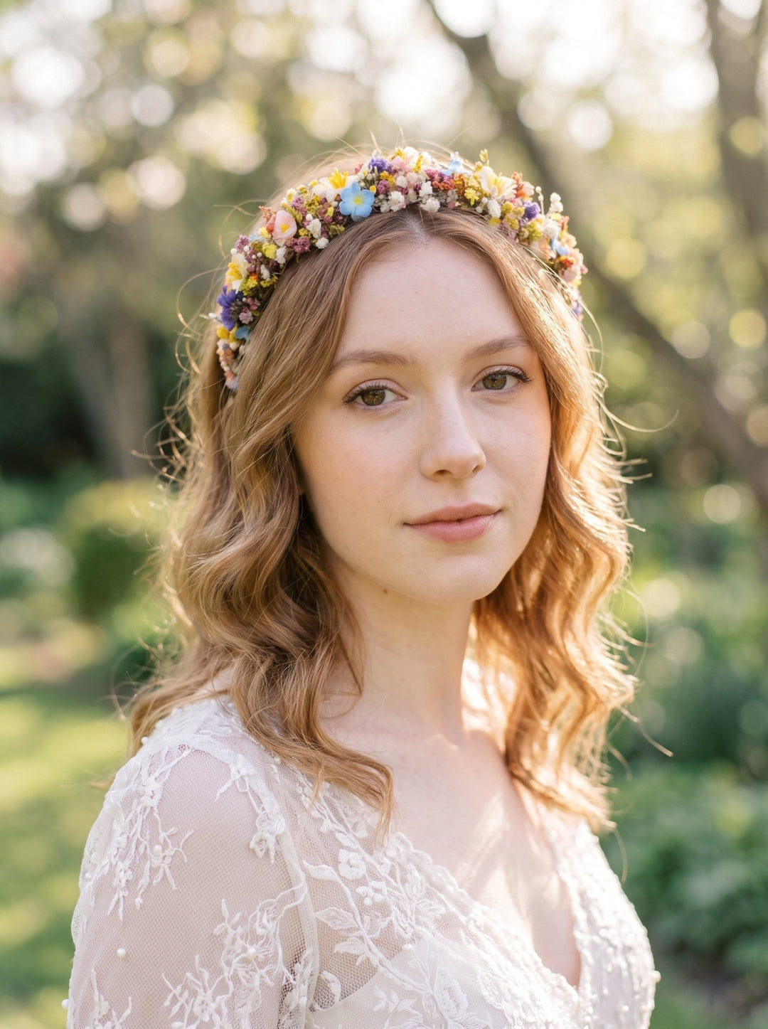 Wildflower Headband with Forget-Me-Nots and Colourful Preserved Gypsophila – handmade floral hair accessory by magaela