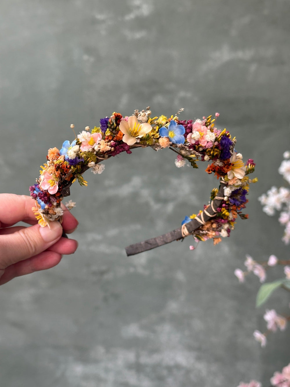 Wildflower Headband with Forget-Me-Nots and Colourful Preserved Gypsophila – handmade floral hair accessory by magaela