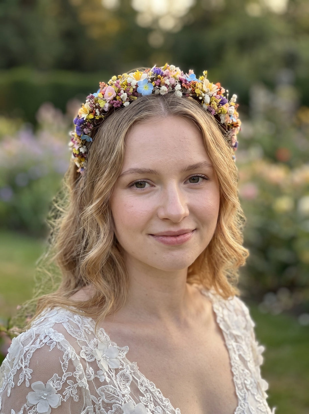 Wildflower Headband with Forget-Me-Nots and Colourful Preserved Gypsophila – handmade floral hair accessory by magaela