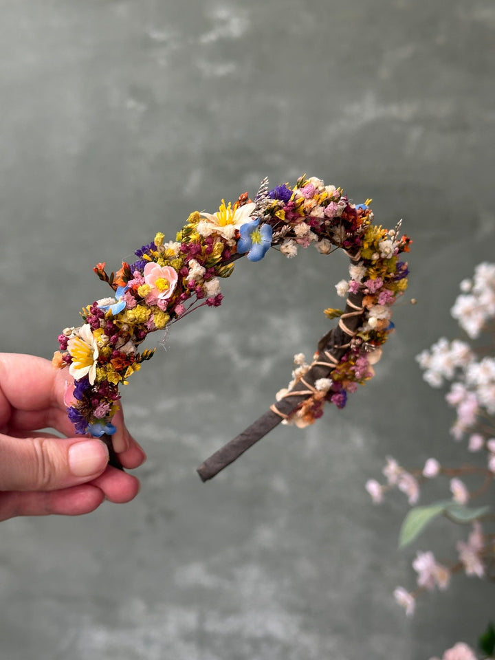 Wildflower Headband with Forget-Me-Nots and Colourful Preserved Gypsophila – handmade floral hair accessory by magaela