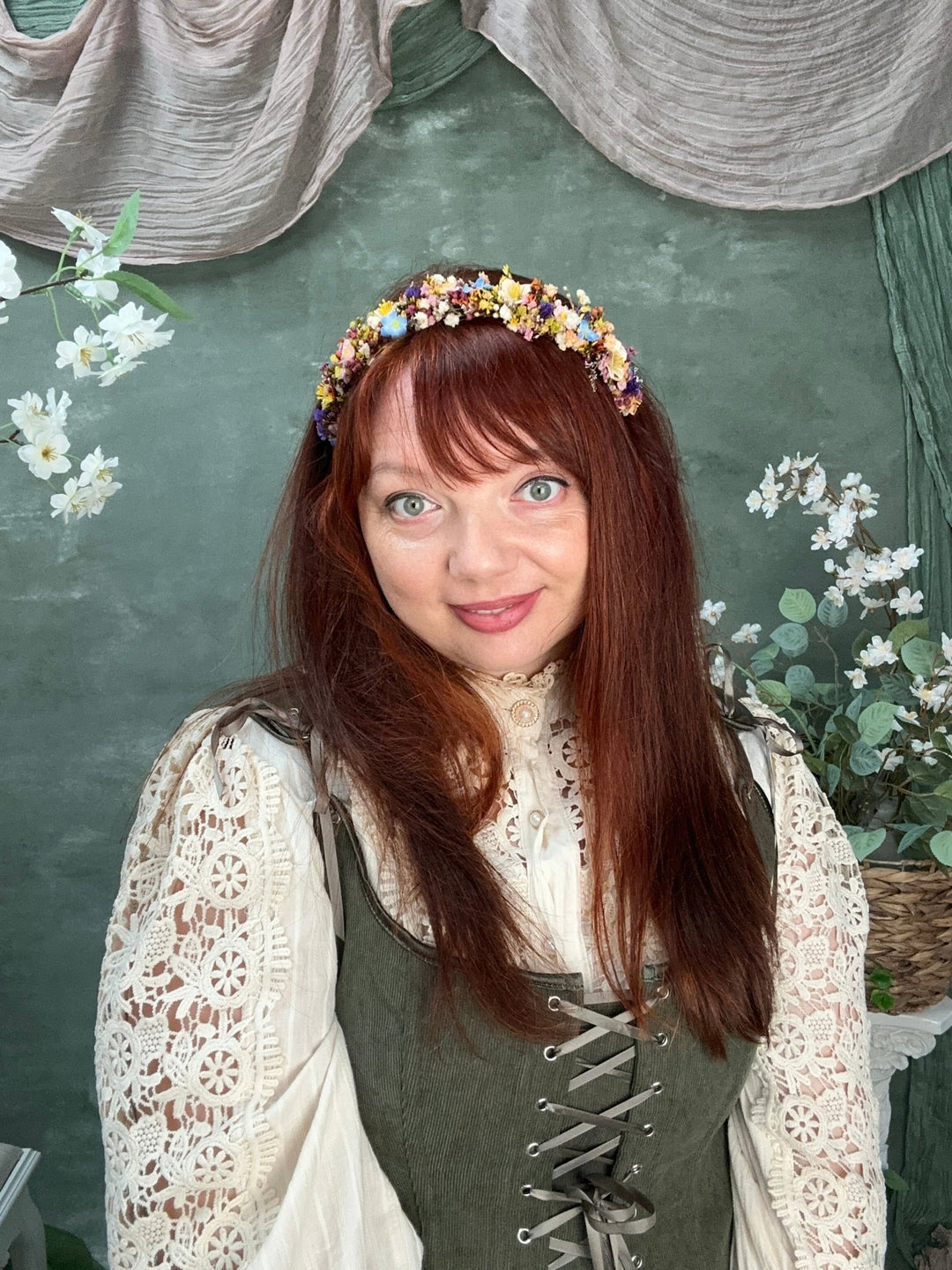 Wildflower Headband with Forget-Me-Nots and Colourful Preserved Gypsophila – handmade floral hair accessory by magaela