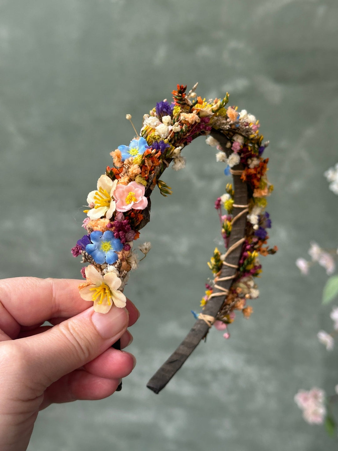 Wildflower Headband with Forget-Me-Nots and Colourful Preserved Gypsophila – handmade floral hair accessory by magaela