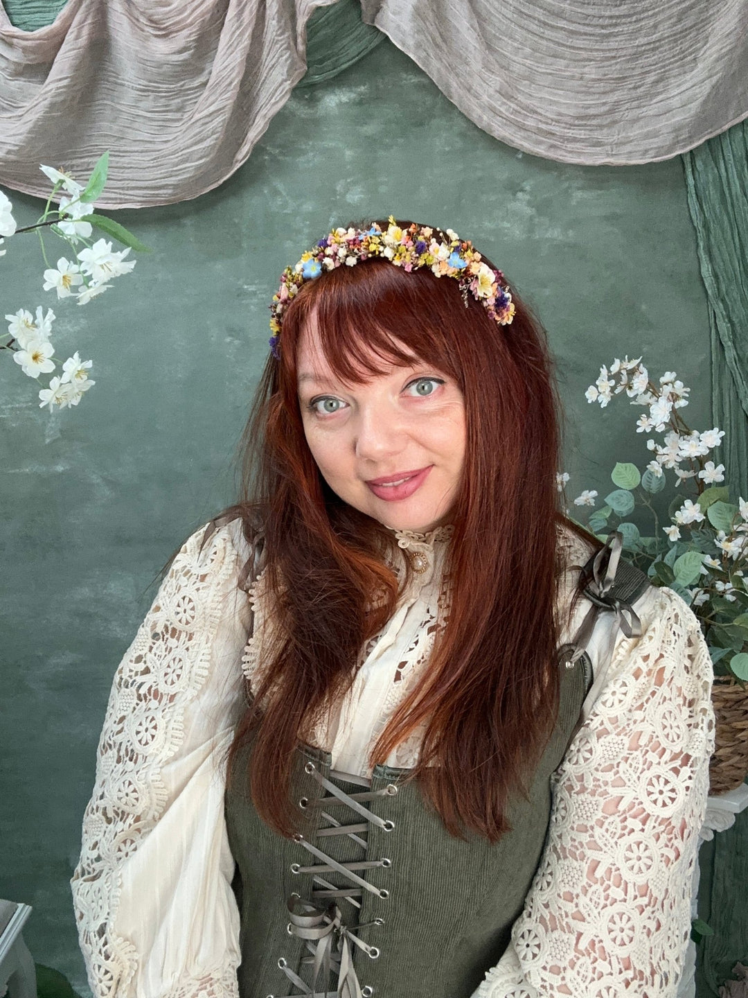 Wildflower Headband with Forget-Me-Nots and Colourful Preserved Gypsophila – handmade floral hair accessory by magaela