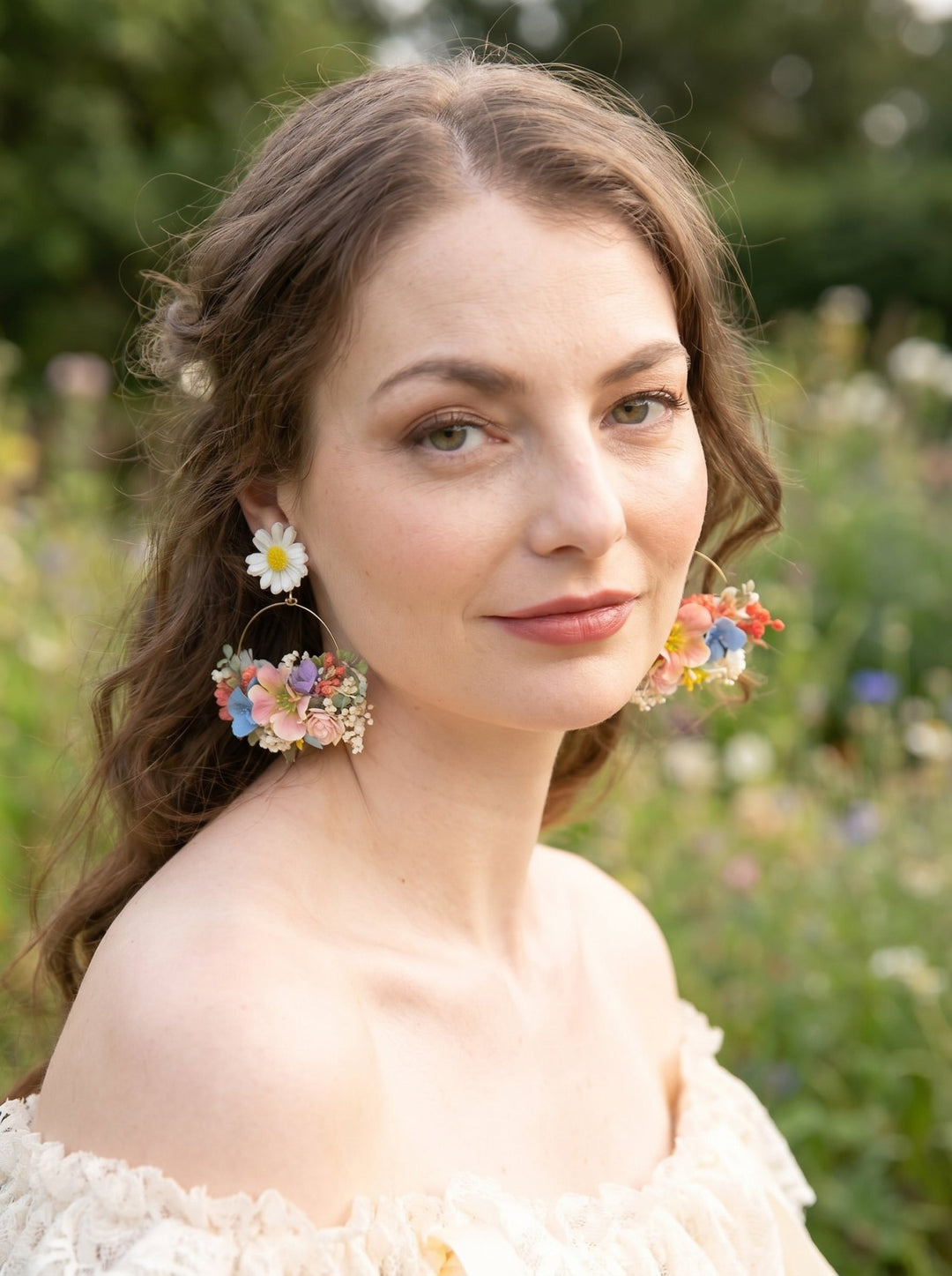 Floral Circle Earrings: Spring Wedding Jewelry, Meadow Design – handmade floral hair accessory by magaela