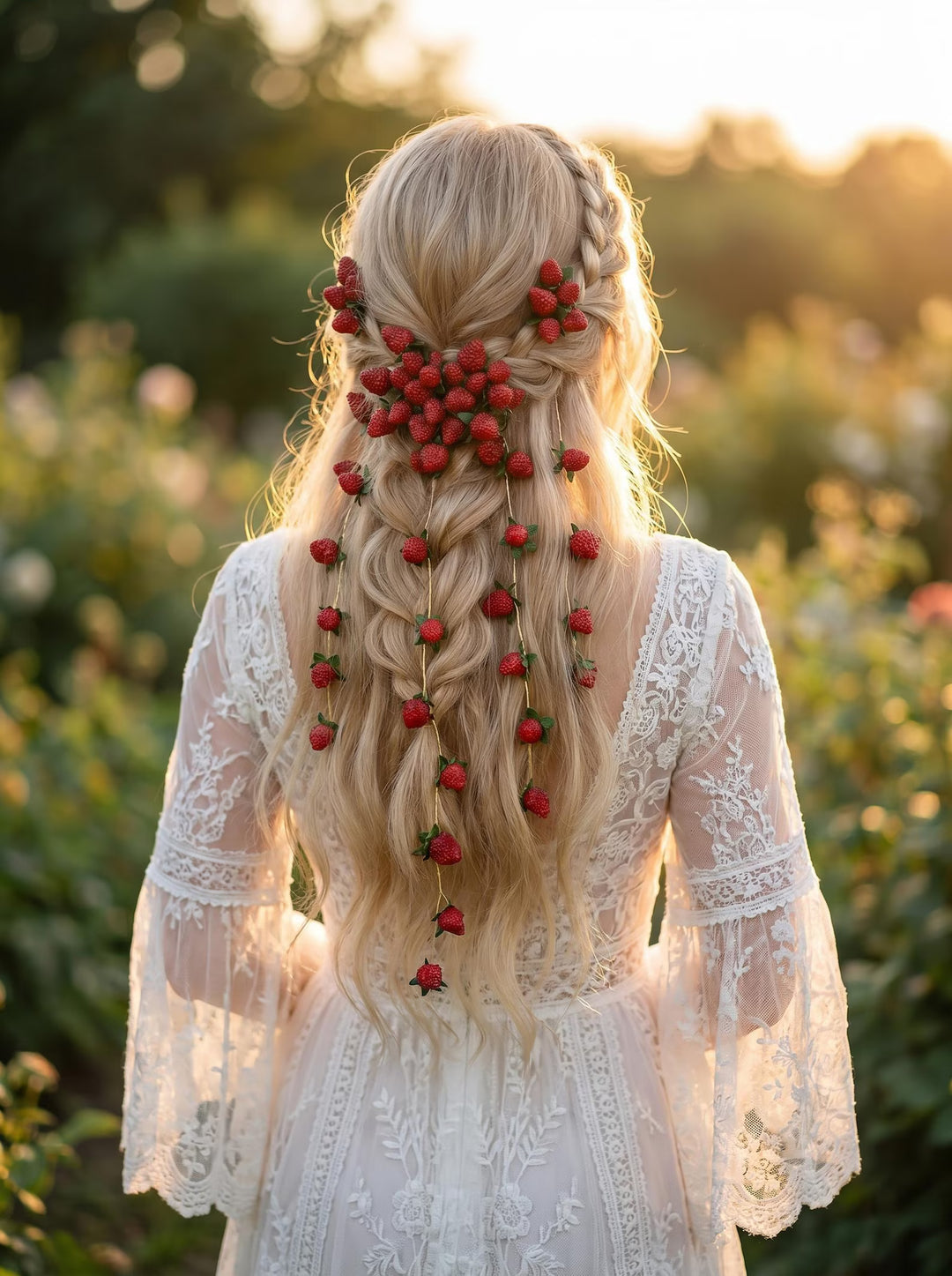 Woman with braided hair adorned with red berries, wearing a white lace dress in a natural setting.