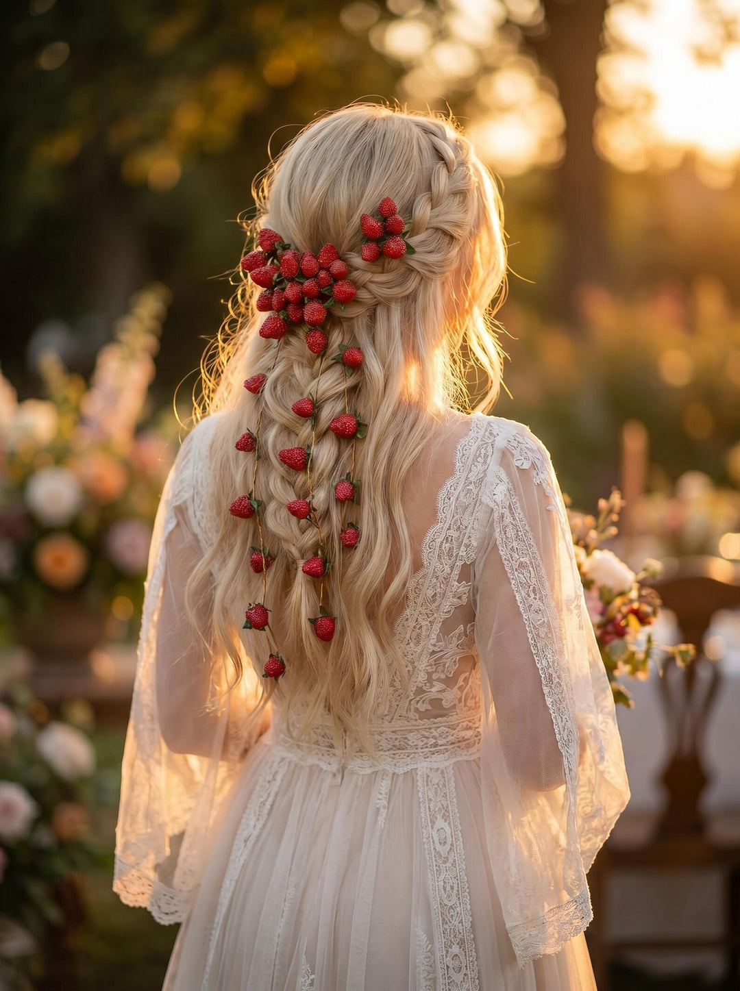 Woman in a lace dress with braided hair adorned with red berries, standing outdoors.