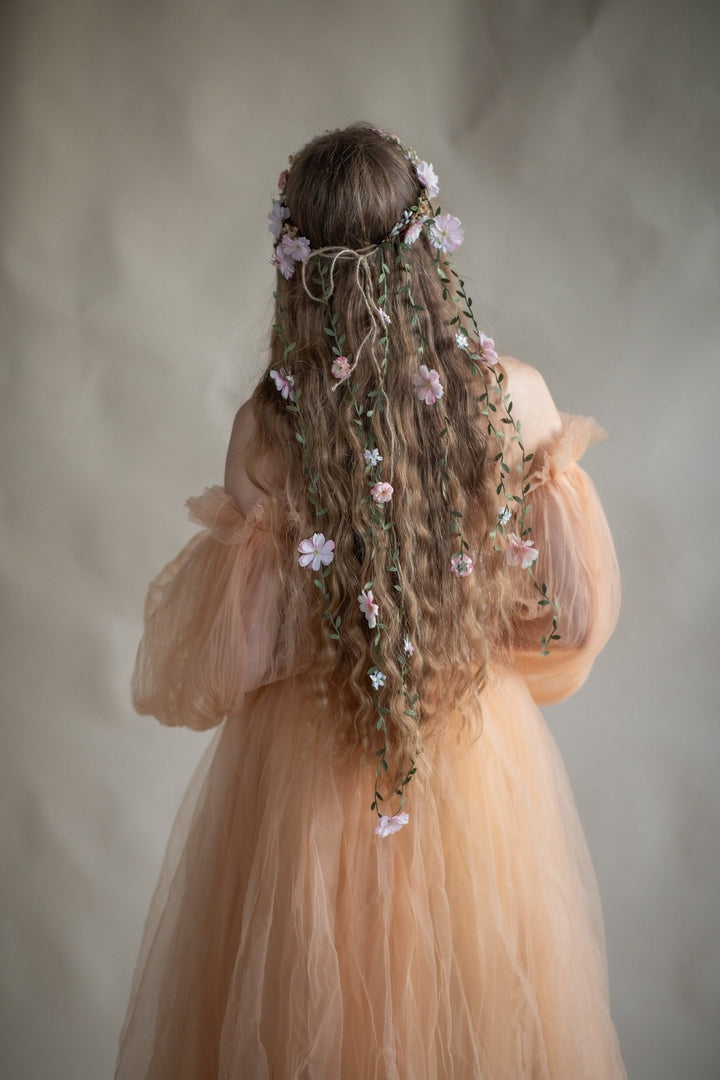 Blush Pink Flower Wedding Wreath with Long Hanging Vines – handmade floral hair accessory by magaela