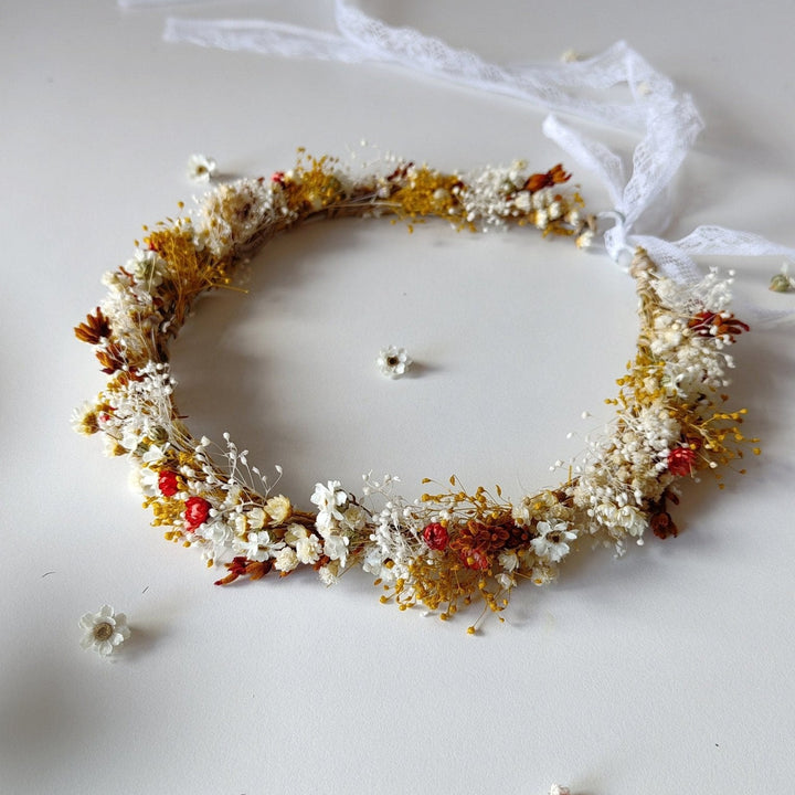 Terracotta Flower Bridal Crown: Preserved Cottagecore Wedding Wreath – handmade floral hair accessory by magaela