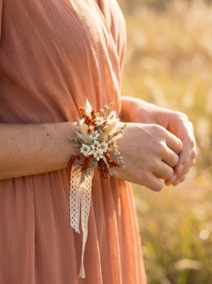 Terracotta Wedding Flower Set: Rustic Autumn Wreath, Bracelet & Hair Comb – handmade floral hair accessory by magaela