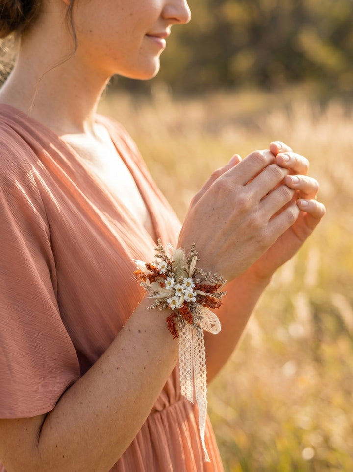 Terracotta Wedding Flower Set: Rustic Autumn Wreath, Bracelet & Hair Comb – handmade floral hair accessory by magaela