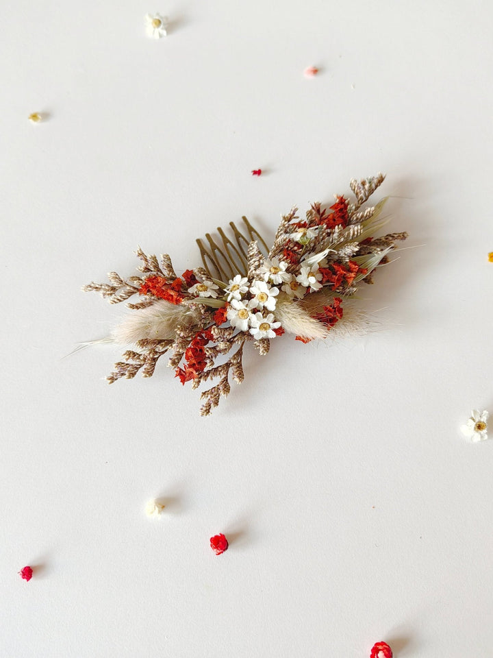 Terracotta Wedding Flower Set: Rustic Autumn Wreath, Bracelet & Hair Comb – handmade floral hair accessory by magaela
