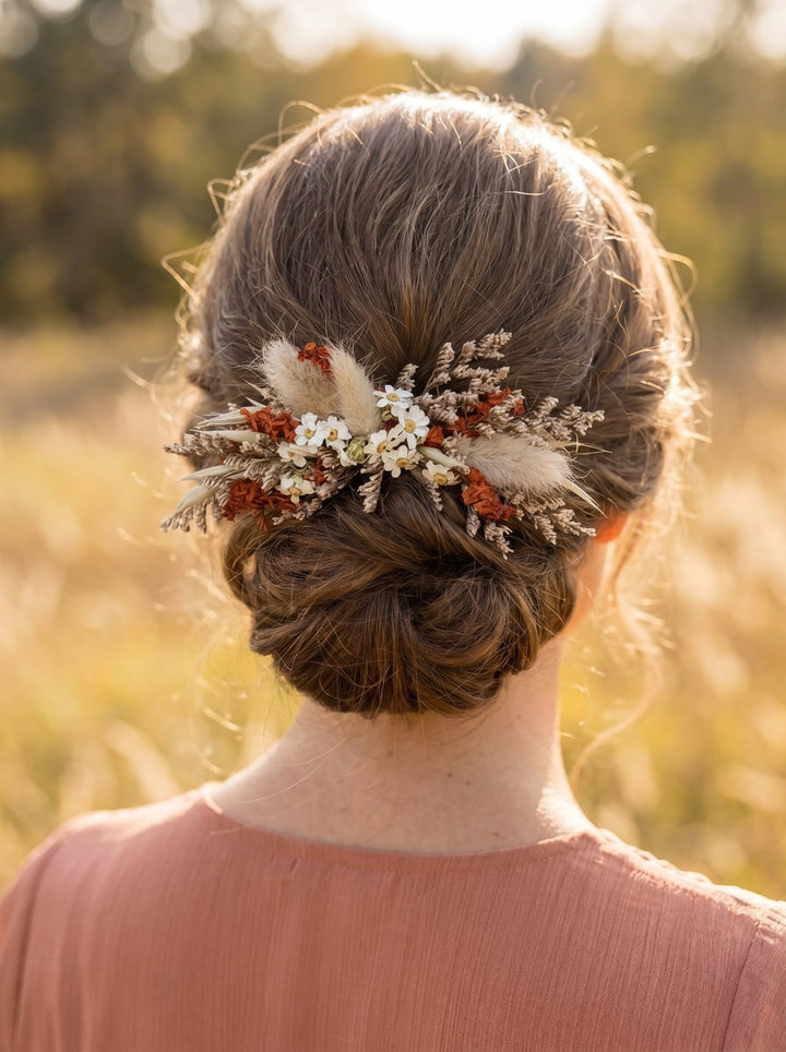 Terracotta Wedding Flower Set: Rustic Autumn Wreath, Bracelet & Hair Comb – handmade floral hair accessory by magaela