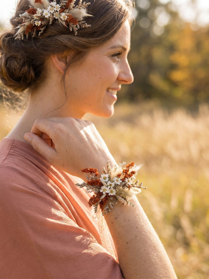 Terracotta Wedding Flower Set: Rustic Autumn Wreath, Bracelet & Hair Comb – handmade floral hair accessory by magaela