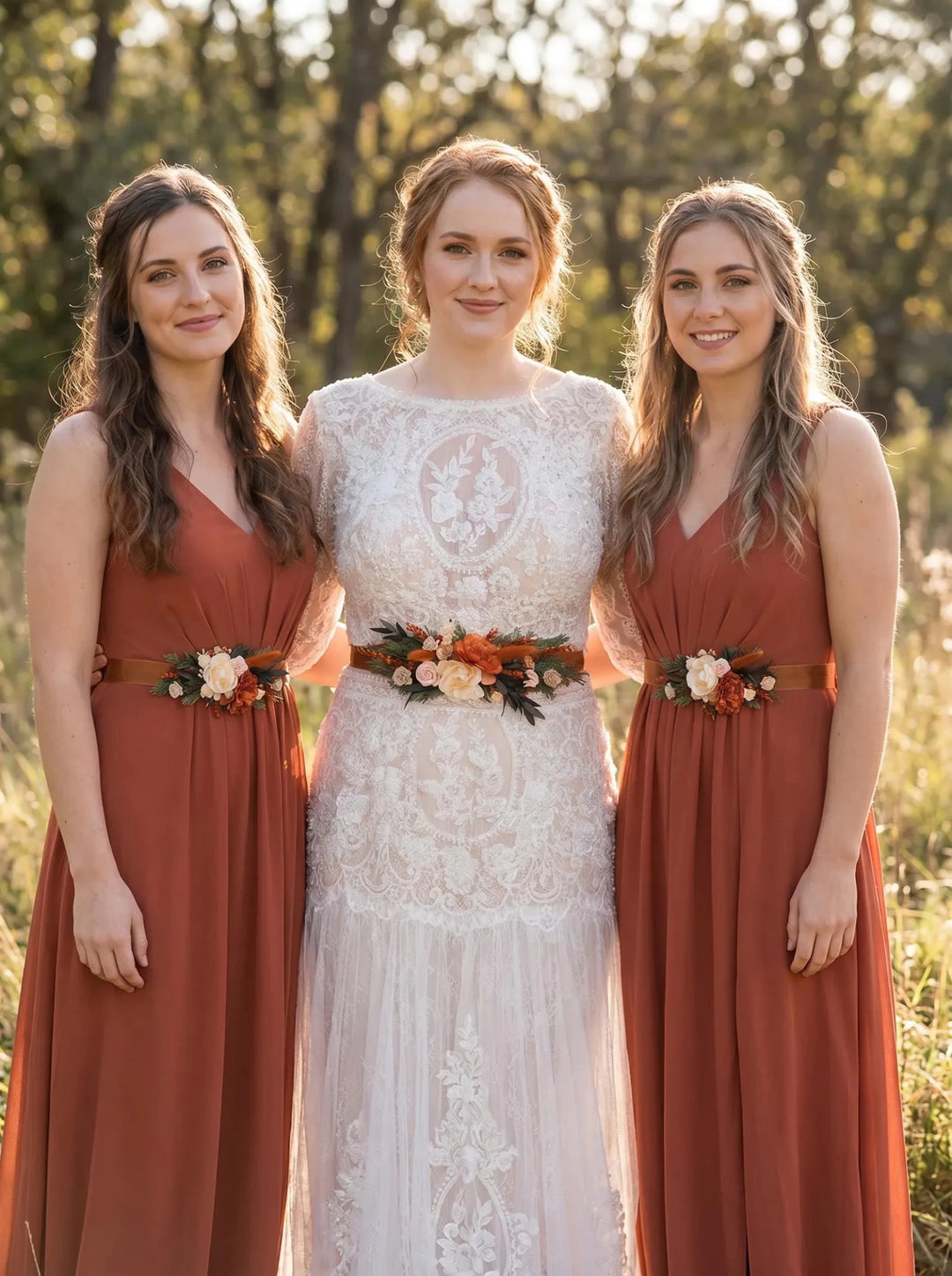Terracotta Flower Bridal Belt: Orange Boho Wedding Dress Accessory – handmade floral hair accessory by magaela