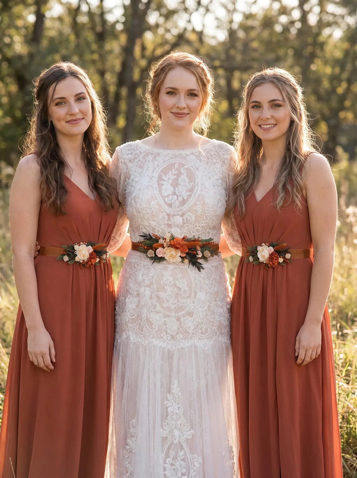 Terracotta Flower Bridal Belt: Orange Boho Wedding Dress Accessory – handmade floral hair accessory by magaela