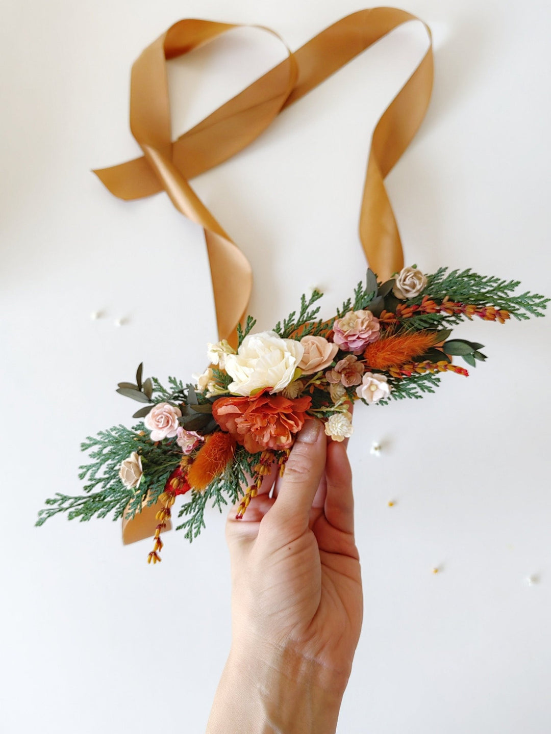 Terracotta Flower Bridal Belt: Orange Boho Wedding Dress Accessory – handmade floral hair accessory by magaela