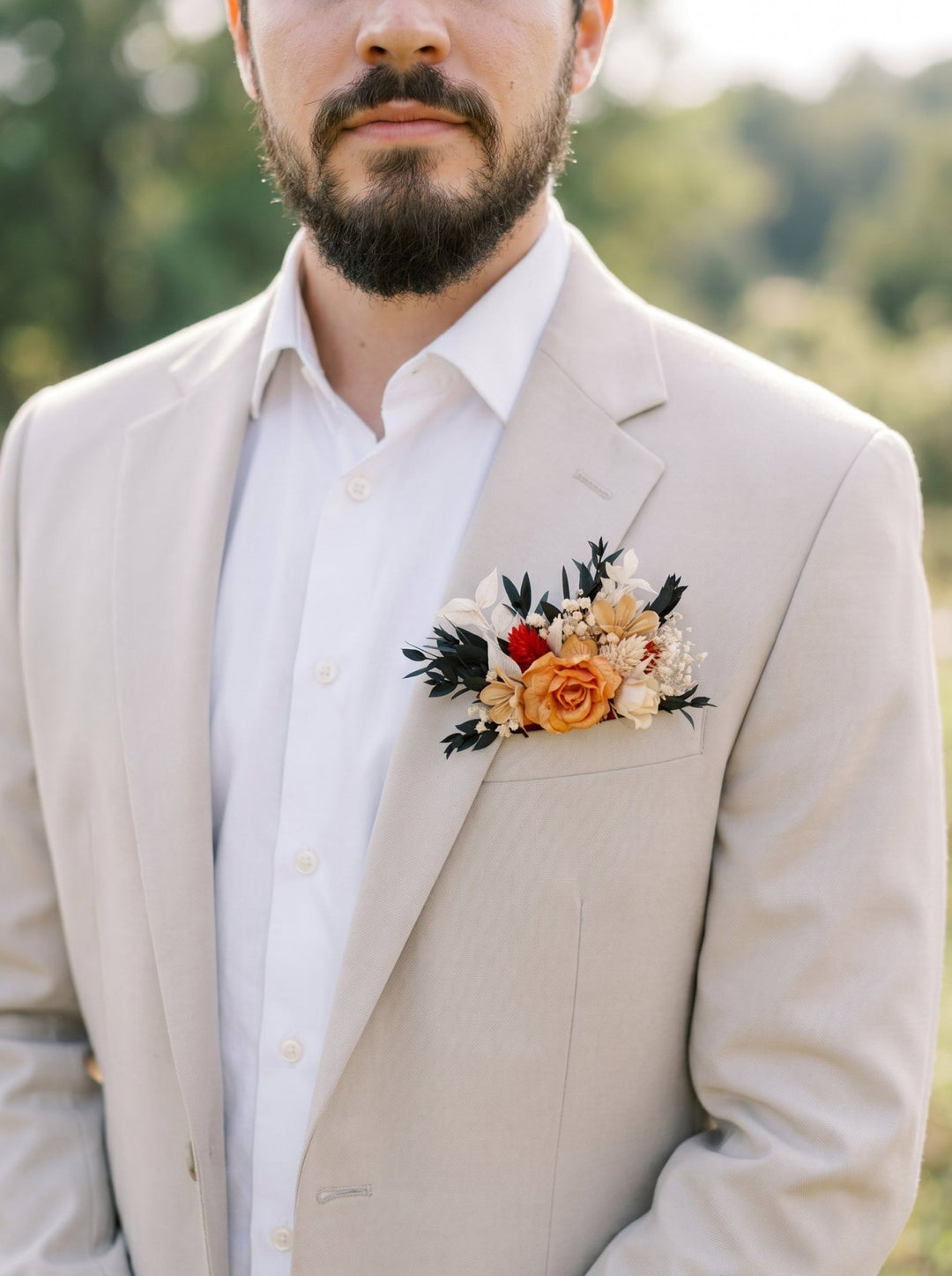 Terracotta Pocket Boutonniere: Rustic Autumn Wedding Accessory – handmade floral hair accessory by magaela