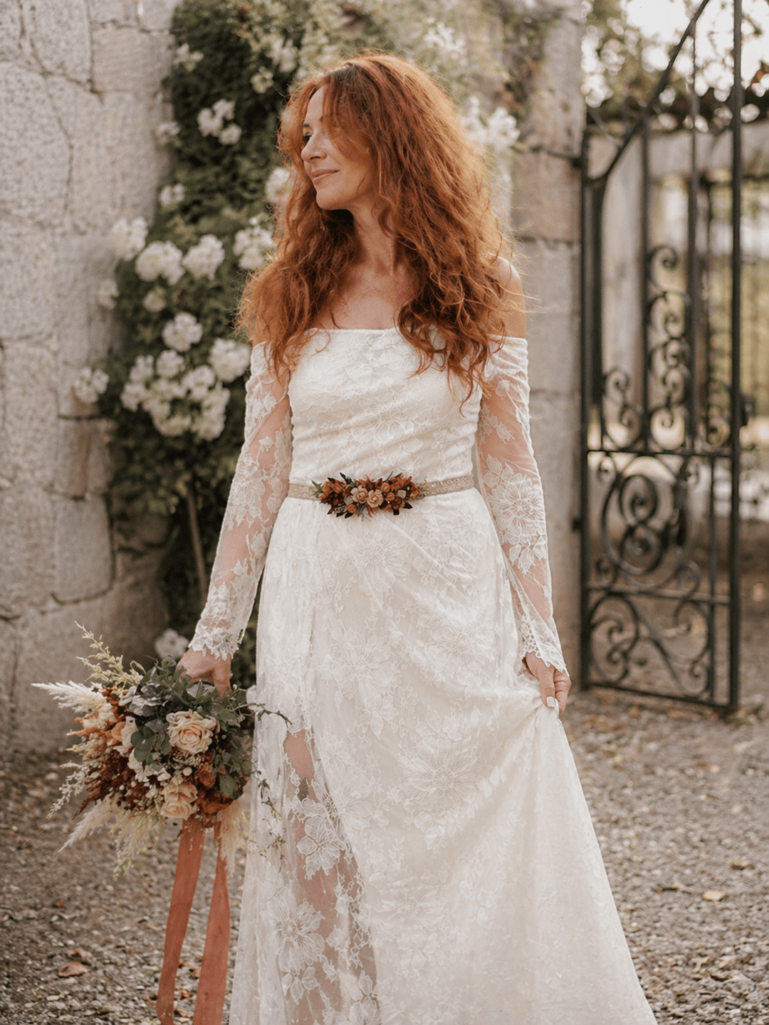 Terracotta Flower Belt: Burnt Orange Autumn Wedding Bridal Dress Belt – handmade floral hair accessory by magaela