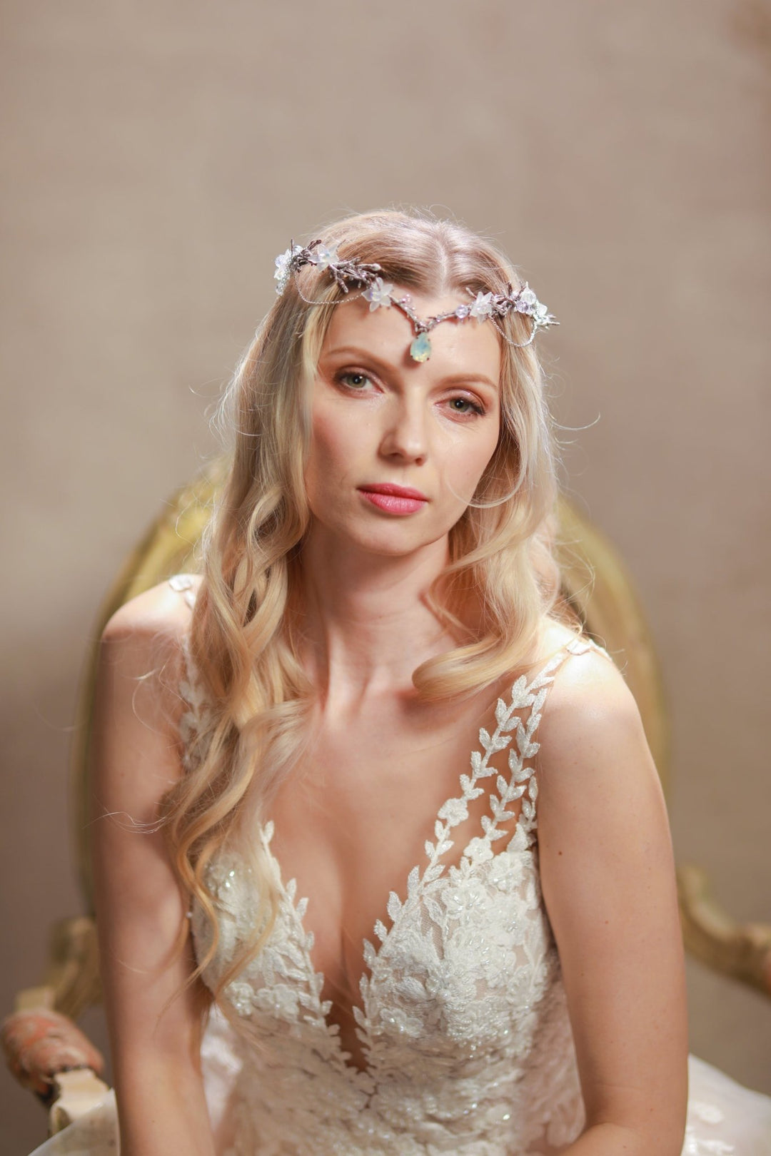 Elven Bridal Tiara in Silver Tones – Fantasy Wedding Headpiece – handmade floral hair accessory by magaela