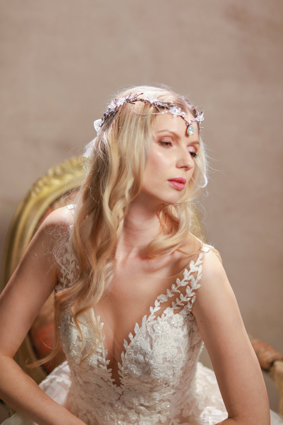 Elven Bridal Tiara in Silver Tones – Fantasy Wedding Headpiece – handmade floral hair accessory by magaela