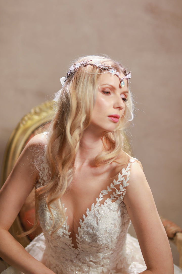 Elven Bridal Tiara in Silver Tones – Fantasy Wedding Headpiece – handmade floral hair accessory by magaela