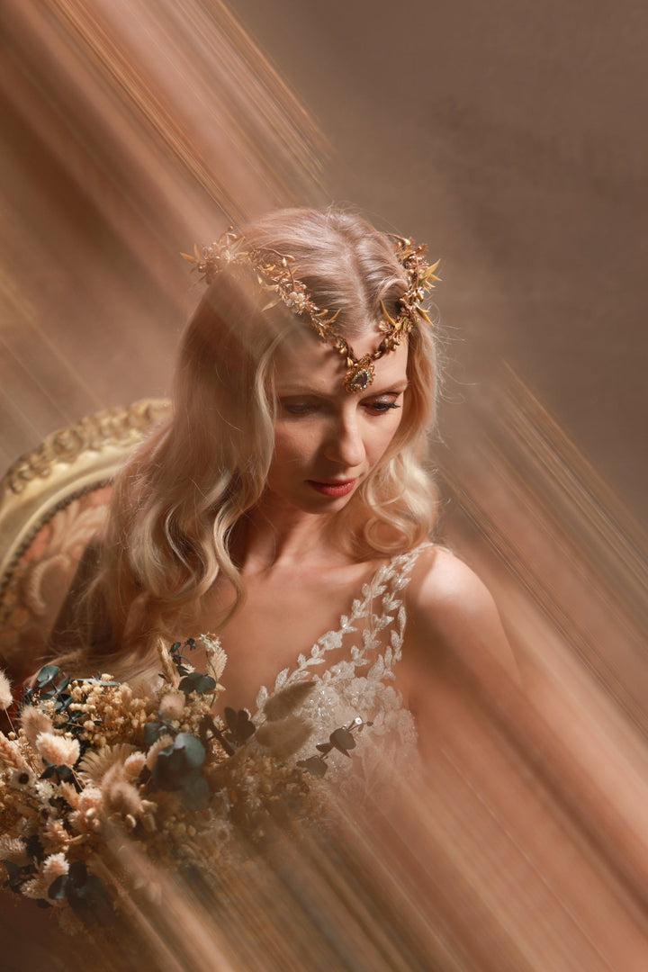 Golden Elven Bridal Tiara with Gemstone Pendant – Fantasy Wedding Headpiece – handmade floral hair accessory by magaela