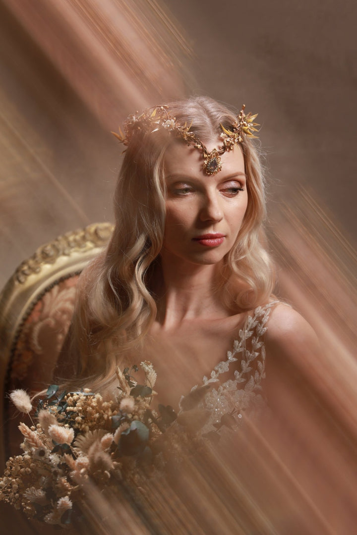 Golden Elven Bridal Tiara with Gemstone Pendant – Fantasy Wedding Headpiece – handmade floral hair accessory by magaela