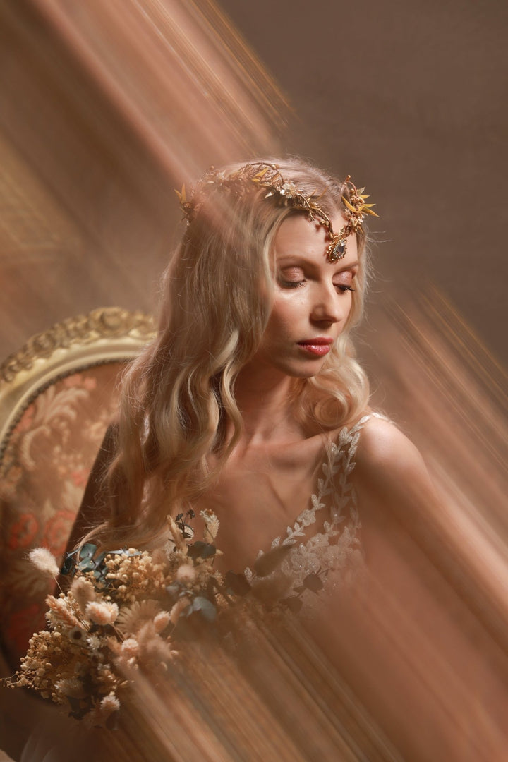 Golden Elven Bridal Tiara with Gemstone Pendant – Fantasy Wedding Headpiece – handmade floral hair accessory by magaela