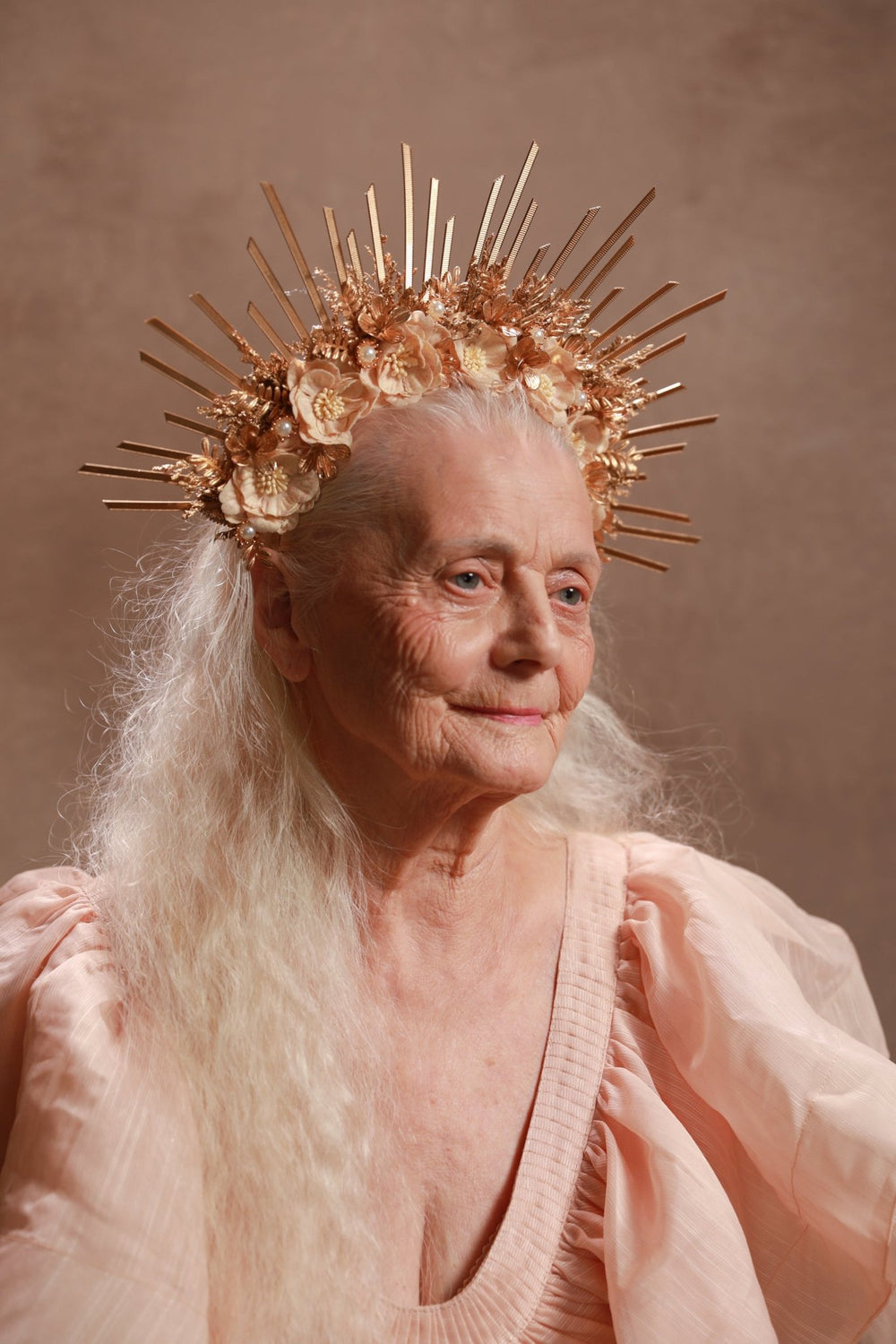 Gold Sun Ray Halo Crown – Apricot and Gold Luxury Bridal Headpiece – handmade floral hair accessory by magaela