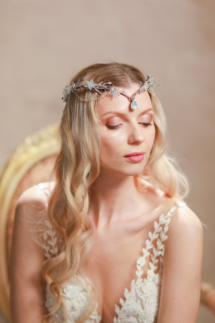 Elven Bridal Tiara in Silver Tones – Fantasy Wedding Headpiece – handmade floral hair accessory by magaela