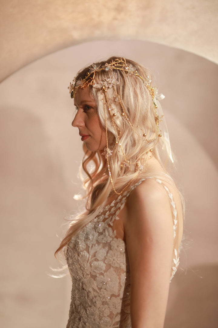 Gold Bridal Tiara with Pearl Veil – Detachable Wedding Headpiece – handmade floral hair accessory by magaela