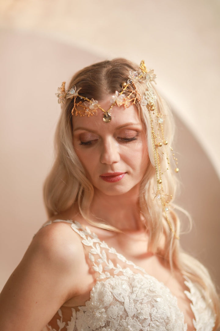Gold Bridal Tiara with Pearl Veil – Detachable Wedding Headpiece – handmade floral hair accessory by magaela