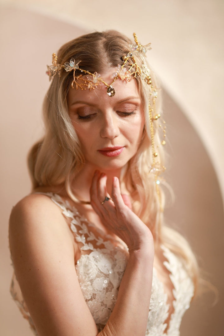 Gold Bridal Tiara with Pearl Veil – Detachable Wedding Headpiece – handmade floral hair accessory by magaela