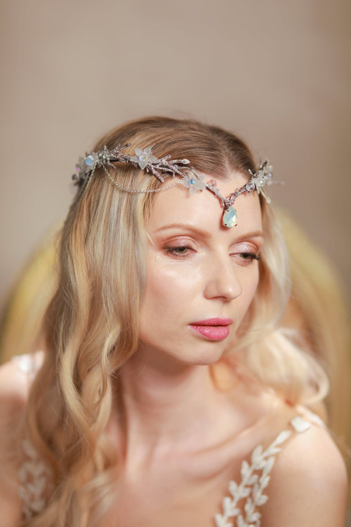Elven Bridal Tiara in Silver Tones – Fantasy Wedding Headpiece – handmade floral hair accessory by magaela