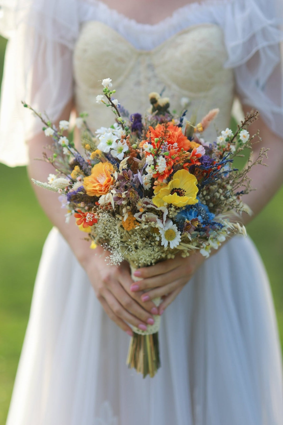 Vibrant Meadow Bridal Bouquet with Carnations, Iris and Wildflowers – handmade floral hair accessory by magaela